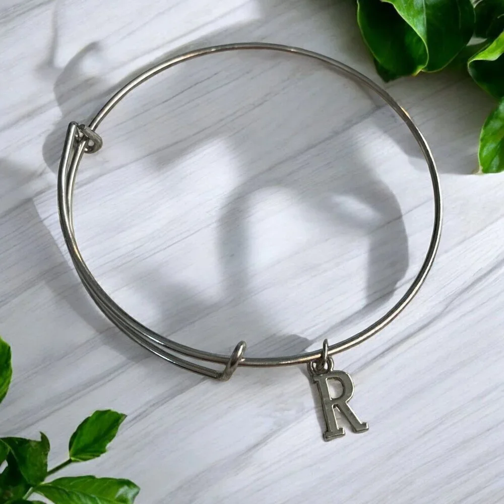 Silver Tone Initial R Adjustable Charm Bangle OS